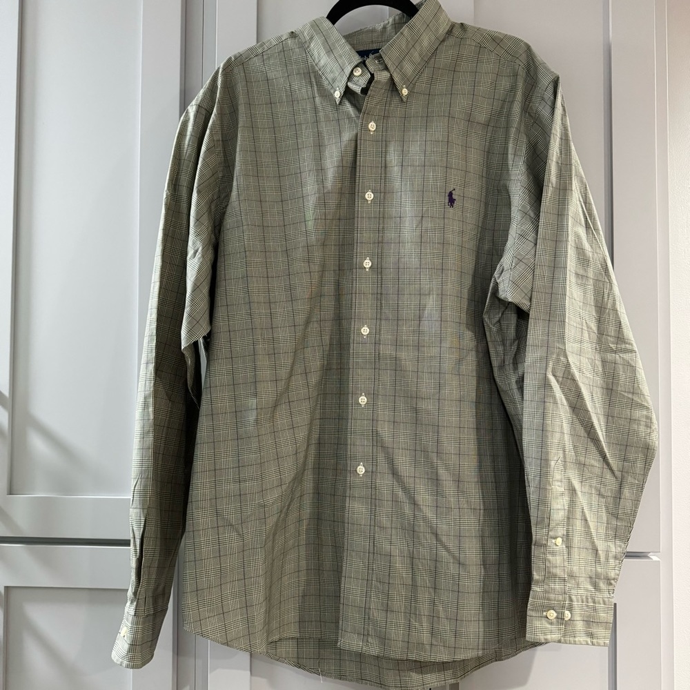 Ralph Lauren Classic Fit XL Button Down Dress Shirt Green Tan Purple Plaid